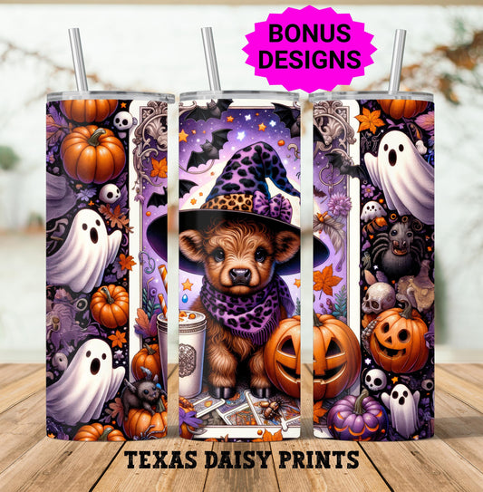 Halloween Highland Cow 20oz Skinny Tumbler , Seamless Witch Highland Cow Sublimation, 20 oz tumbler wrap PNG File
