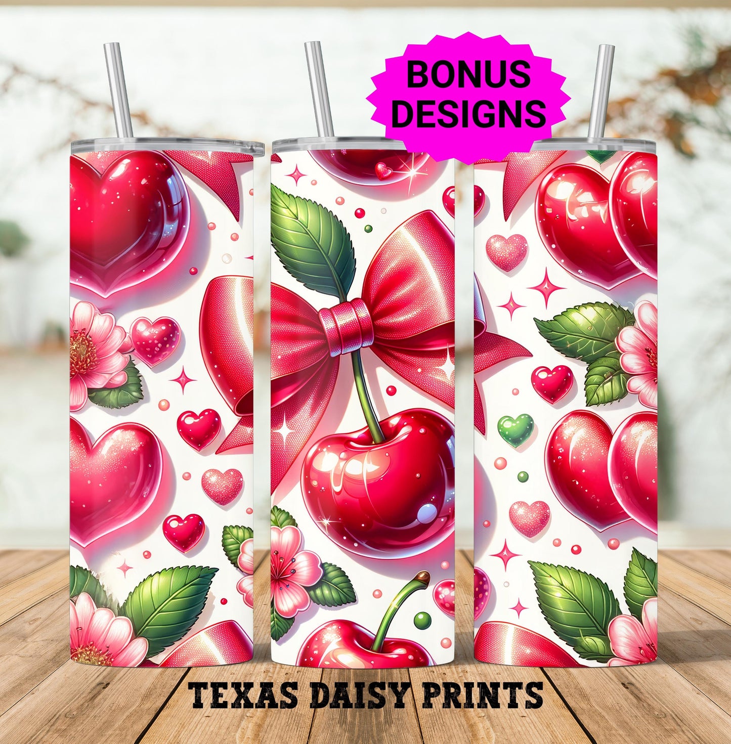 Cherry Bow Hearts 20oz Skinny Tumbler Wrap, Seamless Valentine Sublimation Design 20 oz skinny Tumbler Png