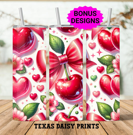 Cherry Bow Hearts 20oz Skinny Tumbler Wrap, Seamless Valentine Sublimation Design 20 oz skinny Tumbler Png
