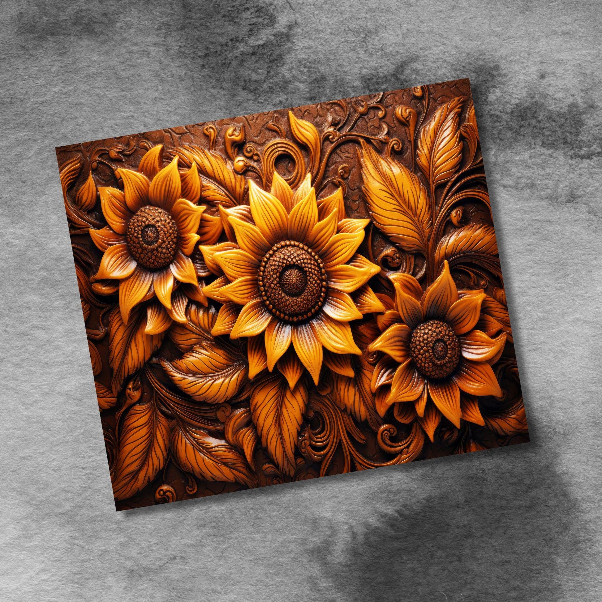 Rustic Sunflower Tooled Leather 20oz Skinny Tumbler, Seamless Sunflowers Country Western 20 oz Straight Skinny Tumbler Wrap PNG