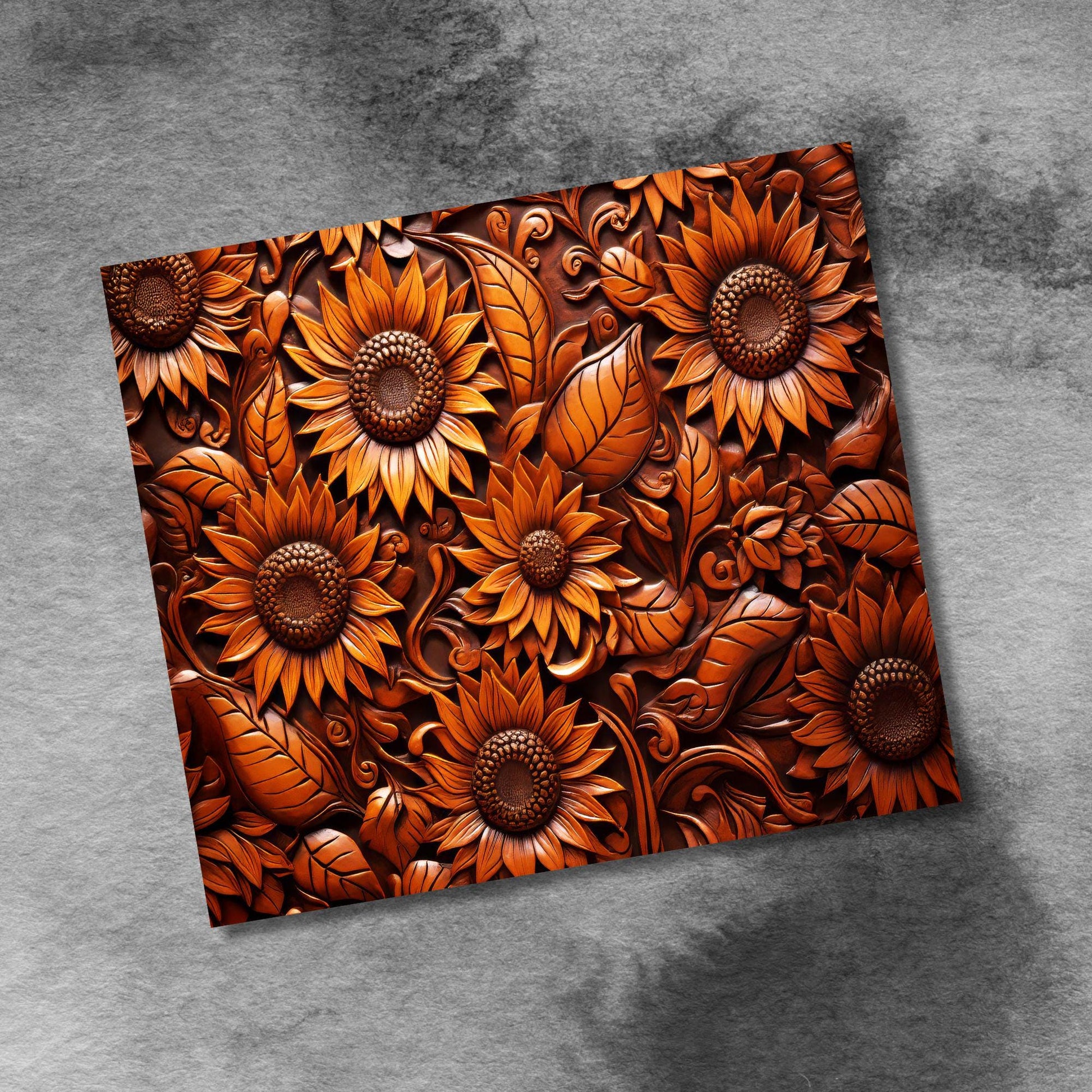 Rustic Sunflower Tooled Leather 20oz Skinny Tumbler, Seamless Sunflowers Country Western 20 oz Straight Skinny Tumbler Wrap PNG