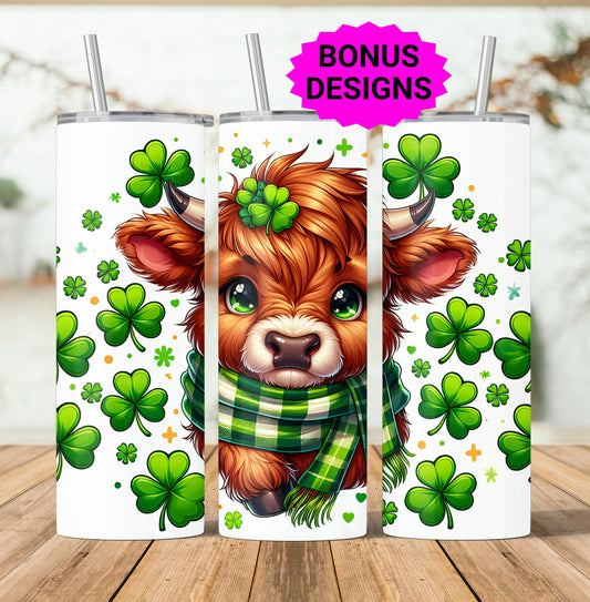 Cute Highland Cow Irish Lucky 20oz Tumbler Sublimation Design,Straight PNG Digital Download Baby Cow with 4 Leaf Clovers Sublimation