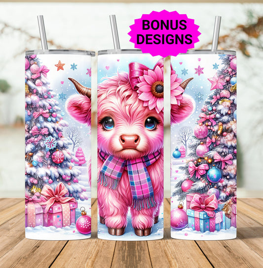Cute Baby Highland Cow Christmas 20oz Tumbler Sublimation Design, Pink Glitter Straight PNG Digital Download Baby Cow with Sublimation