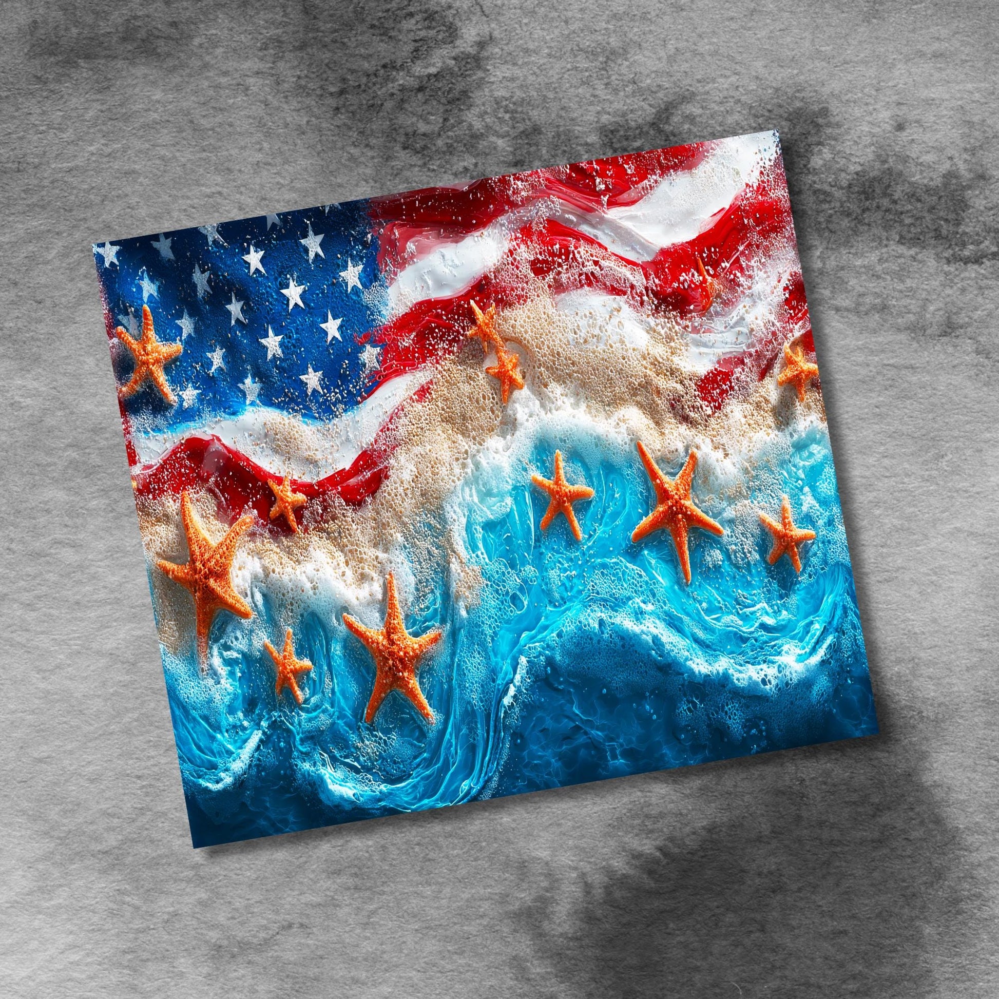 American Flag Starfish Beach 20oz Skinny Tumbler Wrap, Seamless Sublimation, Digital Download PNG, July 4th, Labor Day, Red White and Blue