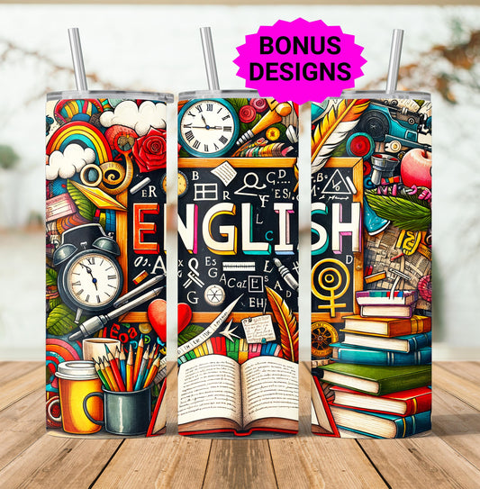 Teacher Life Tumbler Wrap, School Teaching English 20 oz Skinny Tumbler Seamless Sublimation Design Digital Download PNG, Tumbler Wrap
