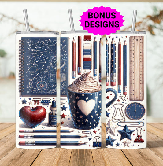 Cute Teacher Themed Tumbler Wrap, Patriotic Study Vibes Teacher 20oz Seamless Skinny Sublimation Design for Educators Digital Download PNG