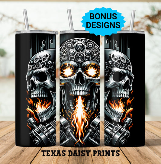 Motorcycle Skull Tumbler Wrap, 20oz Skinny Tumbler Png, Seamless, Ride or Die Skull , Straight Tumbler Wrap