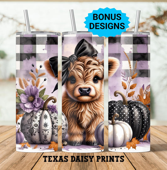 Cute Highland Cow Fall Pumpkins 20 oz Tumbler Wrap Fall Boho Flowers 20oz Skinny Sublimation Tumbler Design, Cow Lover Tumbler Seamless