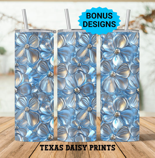 3D Silver Daisy Flowers Disco Balls 20oz Tumbler Wrap Png Tumbler Glitter Disco Spring Floral Tumbler Seamless Sublimation Design