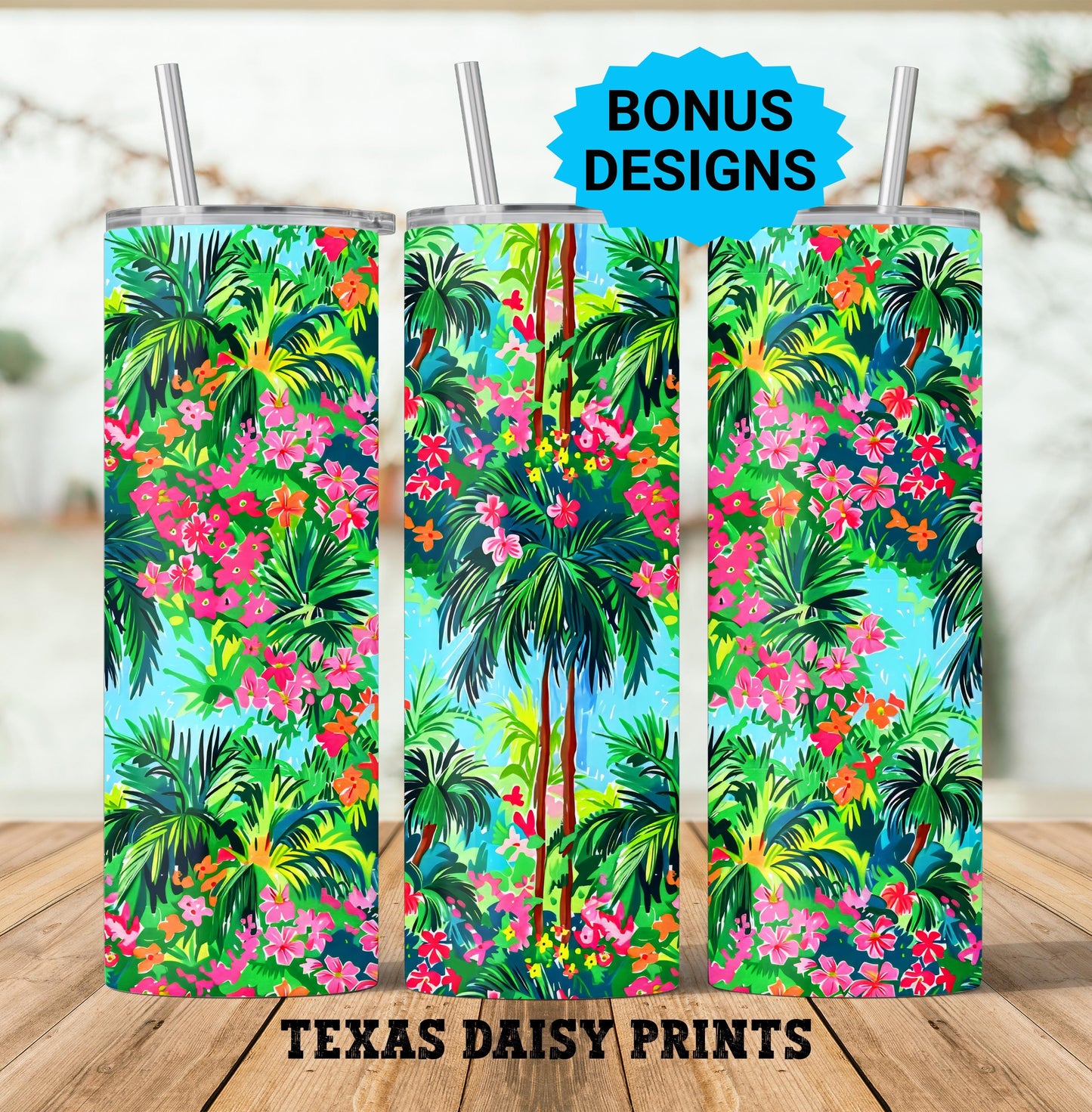 Tropical Flowers and Palm Trees 20oz Skinny Tumbler Seamless Sublimation Design Templates,Straight PNG Digital Download