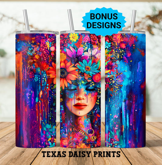 Neon Flowers 20oz Skinny Tumbler Sublimation Templates, Seamless Straight PNG Digital Download, Boho Women Seamless