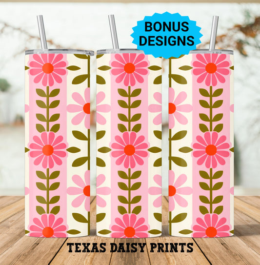 Pink Retro Flowers Garden 20oz Skinny Tumbler Sublimation Templates,Floral Stripe Digital Pattern Seamless Straight PNG Digital Download