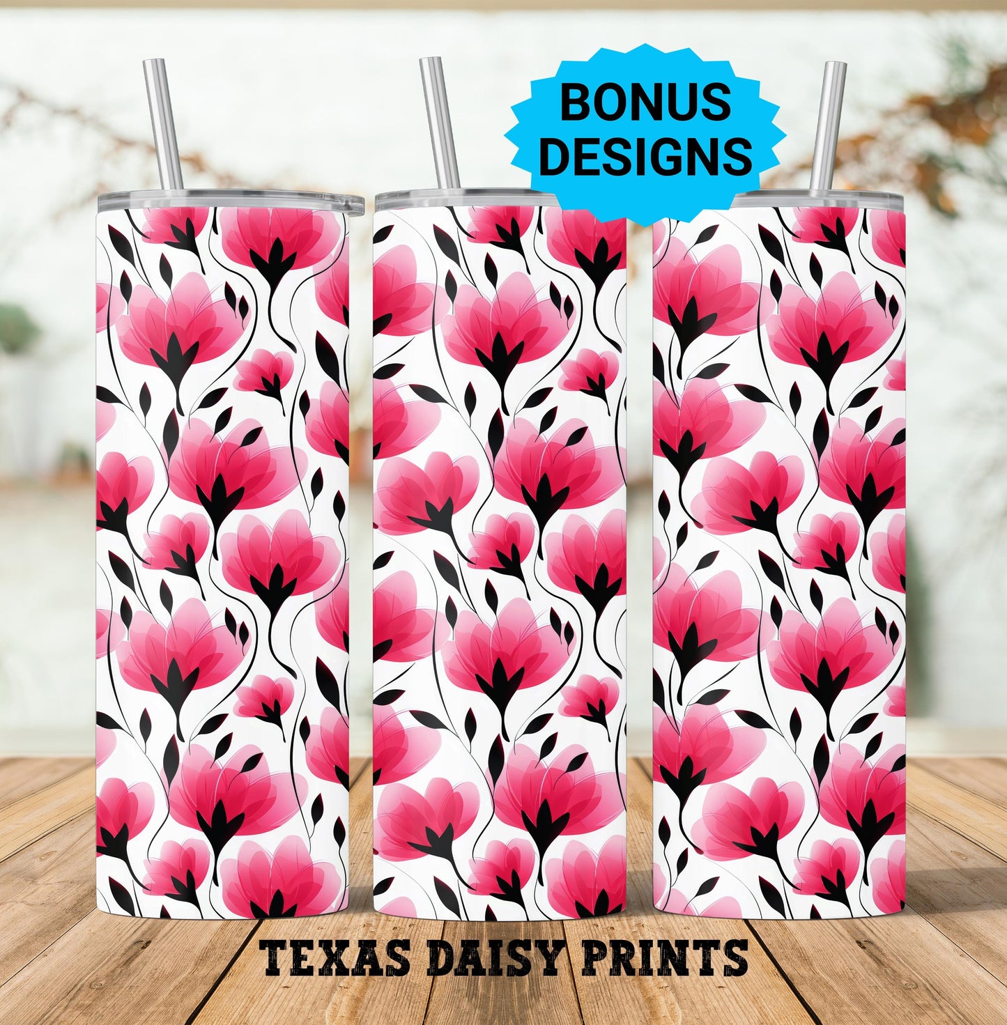 Spring Flowers Pink and Black Floral Blooms 20oz Skinny Tumbler Seamless Sublimation Design Templates,Straight PNG Digital Download