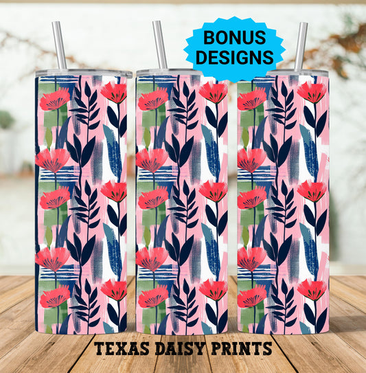 Watercolor Flowers in Pink and Navy 20oz Skinny Tumbler Seamless Sublimation Design Templates,Straight PNG Digital Download