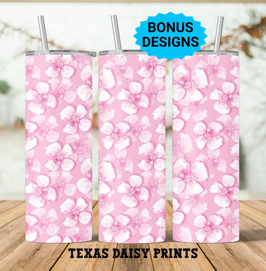 Spring Pink and White Flowers 20oz Skinny Tumbler Seamless Sublimation Design Templates,Straight PNG Digital Download
