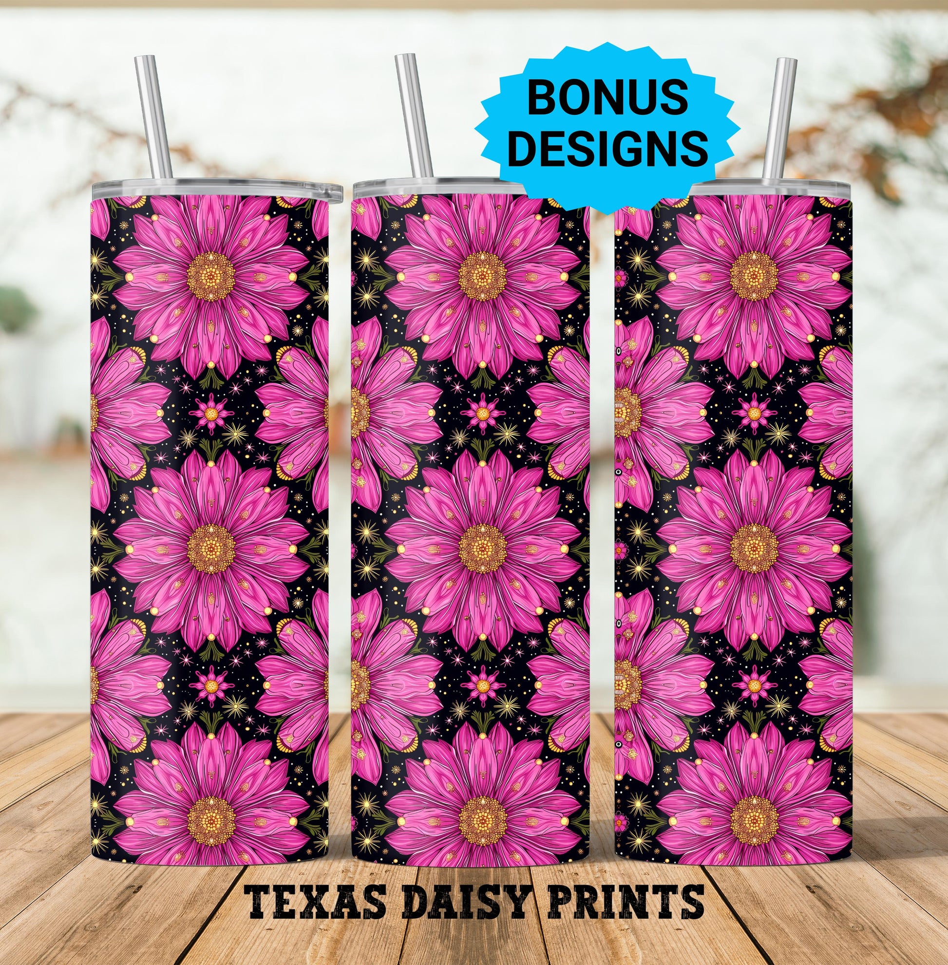 Large Pink Daisy Flowers Midnight Sparkle 20oz Skinny Tumbler Seamless Sublimation Design Templates,Straight PNG Digital Download