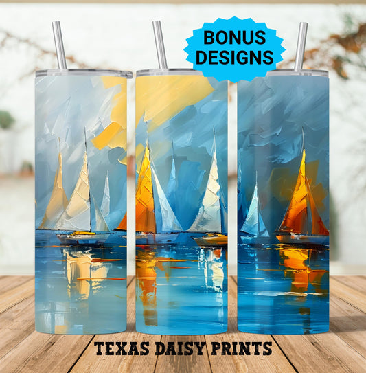 Sailboats In Golden Sun 20oz Skinny Tumbler Sublimation Templates, Seamless Straight PNG Digital Download