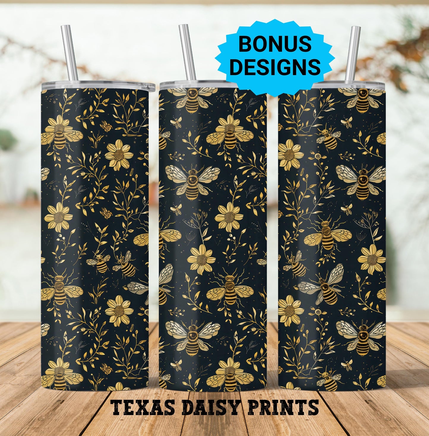 Bees with Flowers 20oz Skinny Tumbler Seamless Sublimation Design Templates,Gold Black Bees and Flowers Straight PNG Digital Download