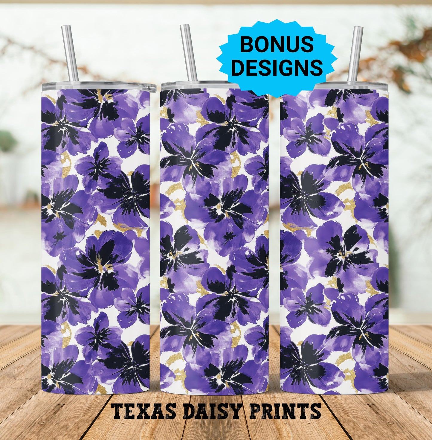 Purple and Gold Tropical Flowers 20oz Skinny Tumbler Seamless Sublimation Design Templates,Straight PNG Digital Download