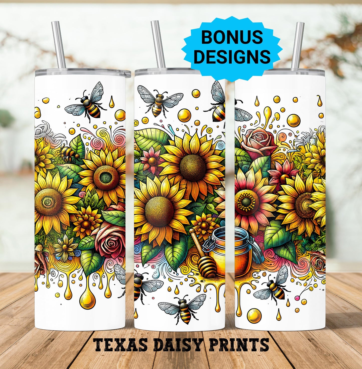 Bees with Honey Pot and Sunflowers 20 oz Skinny Tumbler Seamless Sublimation Design Digital Instant Download PNG, Tumbler Wrap