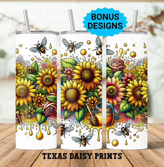 Bees with Honey Pot and Sunflowers 20 oz Skinny Tumbler Seamless Sublimation Design Digital Instant Download PNG, Tumbler Wrap