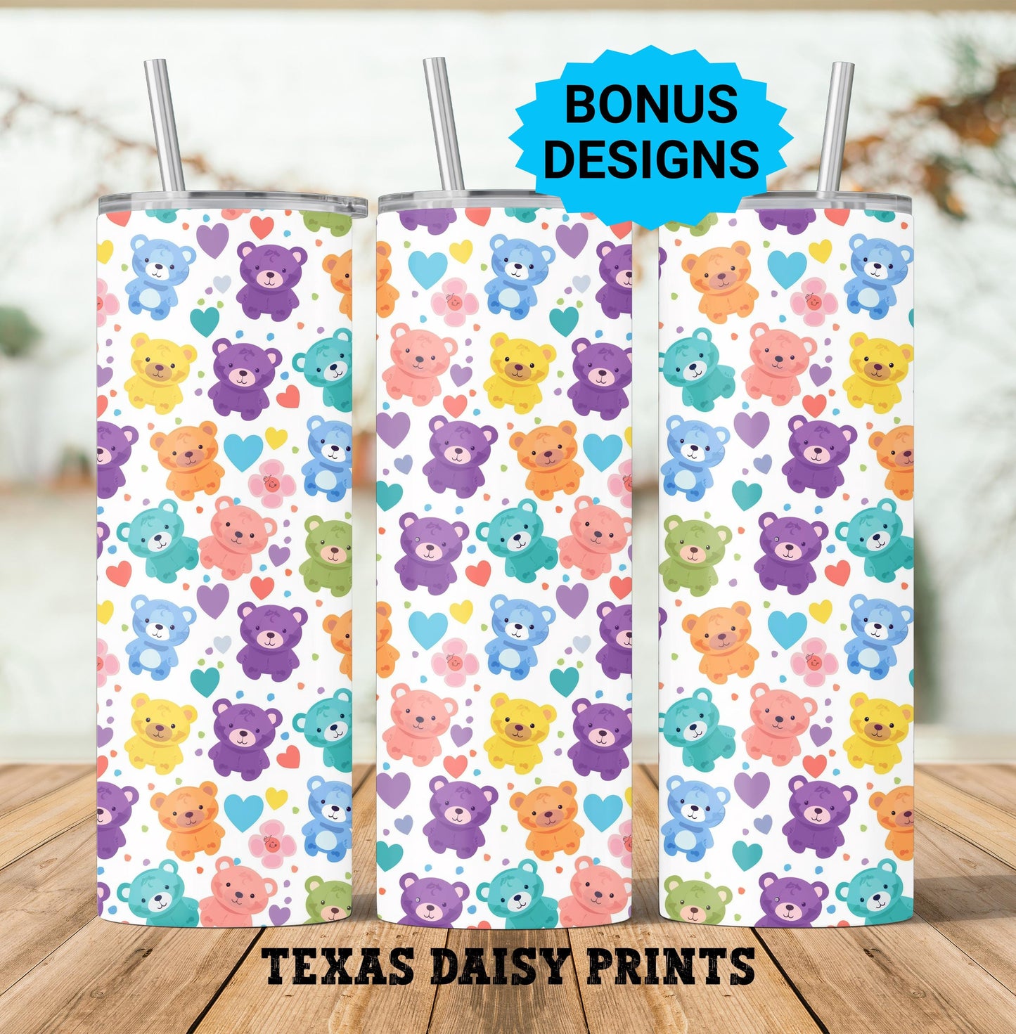 Cute Teddy Bears 20oz Skinny Tumbler Seamless Sublimation Design Templates, Cartoon Bears Straight PNG Digital Download