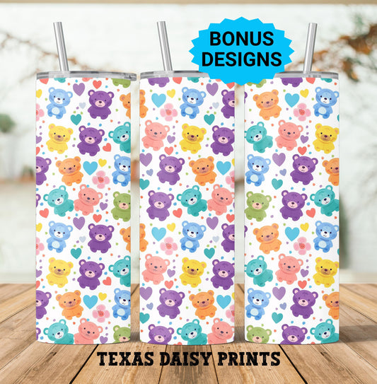 Cute Teddy Bears 20oz Skinny Tumbler Seamless Sublimation Design Templates, Cartoon Bears Straight PNG Digital Download