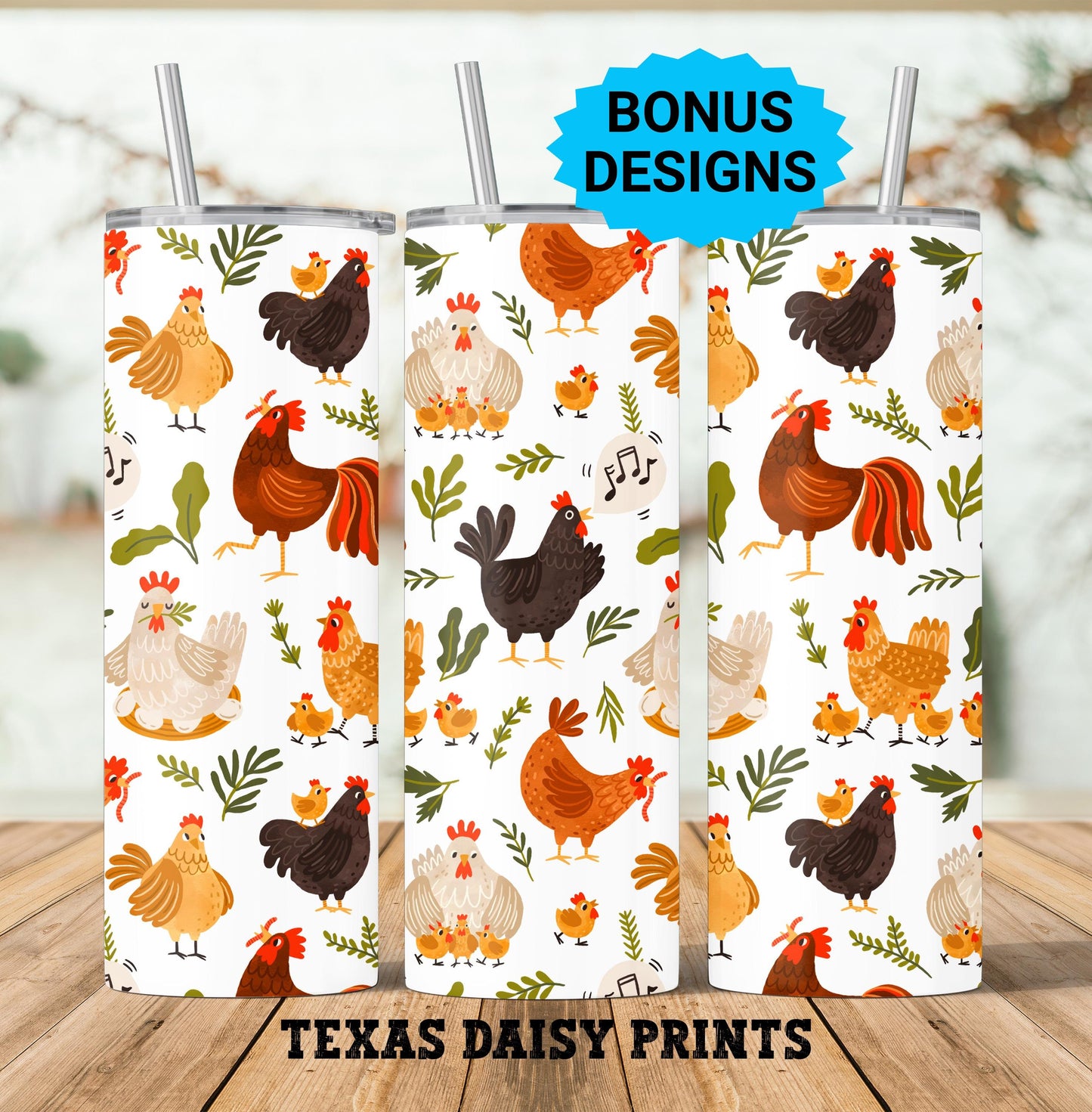 Chicken Farm Flock Crazy Chickens 20oz Skinny Tumbler Seamless Sublimation Design Templates,Straight PNG Digital Download