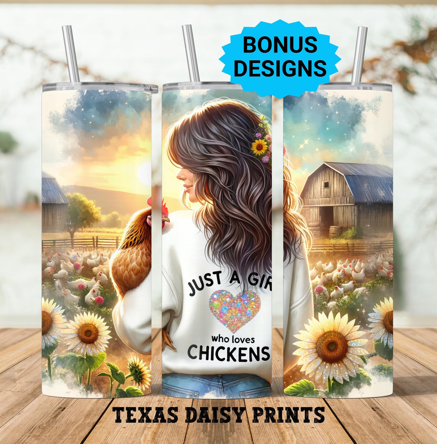 Just A Girl Who Loves Chickens Tumbler Wrap, 20oz Skinny Sublimation Tumbler Design, Farm Sunflower Chicken Lover Tumbler Seamless