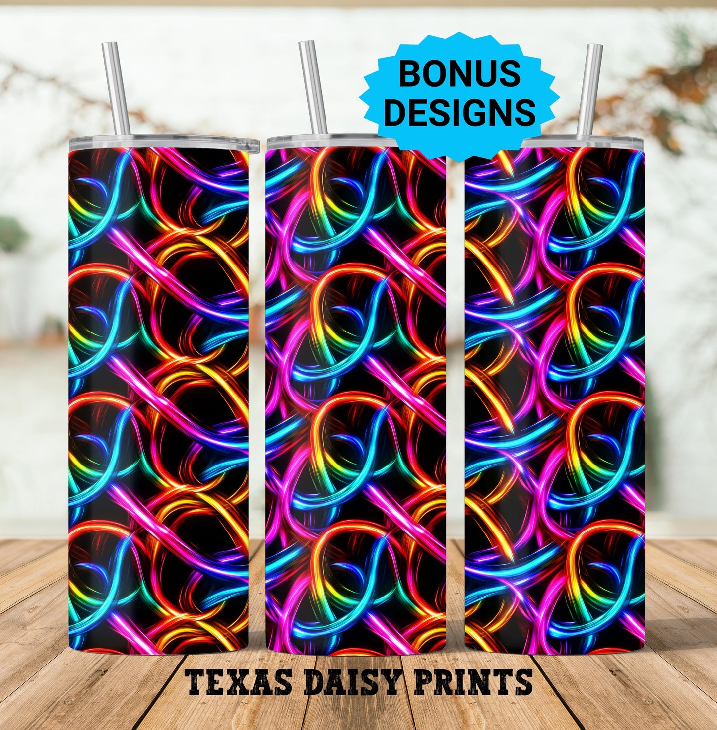 Neon Rainbow Pipes 20oz Skinny Tumbler Seamless Sublimation Design Templates,Straight PNG Digital Download