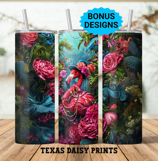 Pink Flamingo Tropical Design 20oz Skinny Tumbler Seamless Sublimation Design Templates,Straight PNG Digital Download