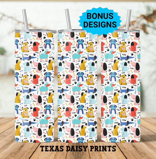 Cartoon Dogs Colorful 20oz Skinny Tumbler Seamless Sublimation Design Templates,Straight PNG Digital Download