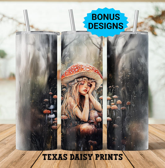 Cottagecore Mushroom Girl Fairy 20oz Skinny Tumbler Seamless Sublimation Design Templates,Straight PNG Digital Download