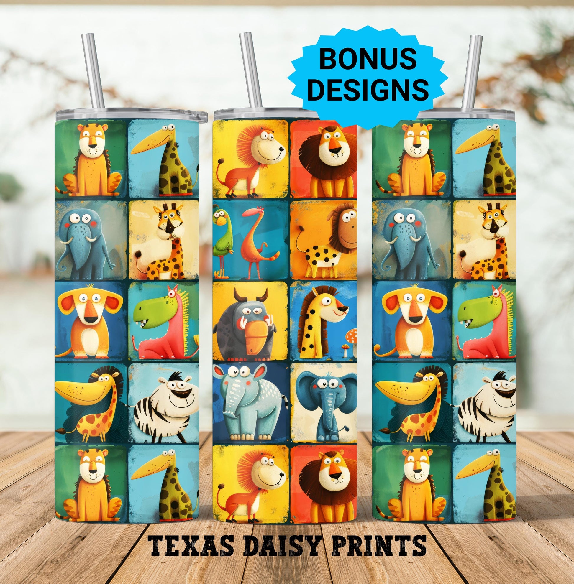 Cute Animals Safari 20oz Tumbler Wrap, 20oz Skinny Tumbler Seamless Sublimation Design Templates,Straight PNG Digital Download