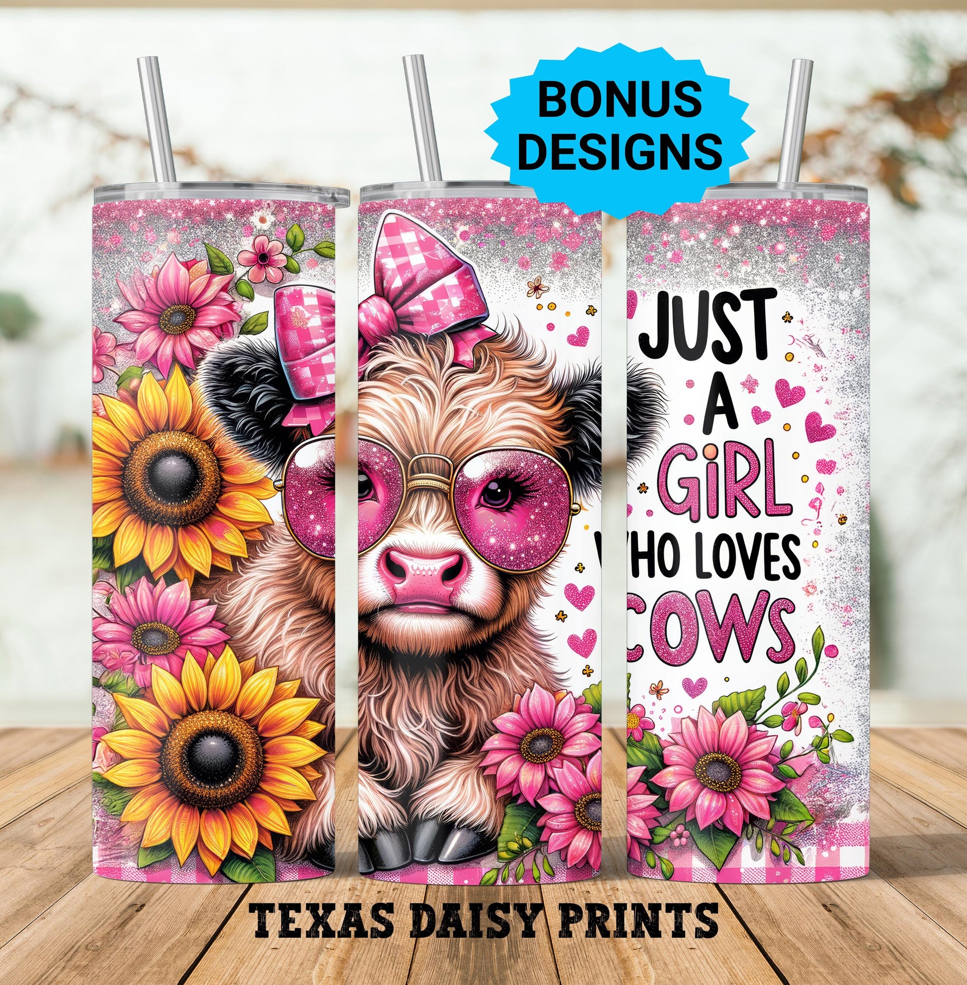 Just A Girl Who Loves Highland Cows Tumbler Wrap, 20oz Skinny Sublimation Tumbler Design, Farm Sunflower Cow Lover Tumbler Seamless