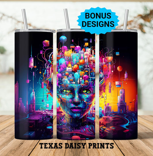 Fantasy Sci Fi Digital Thoughts 20oz Skinny Tumbler Sublimation Design Templates,AI Women Straight Seamless PNG Digital Download