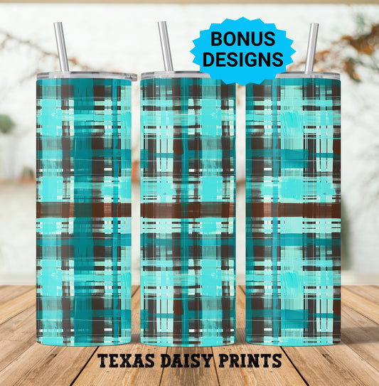 Green & Brown Watercolor Plaid 20oz Skinny Tumbler Sublimation Templates, Seamless Straight PNG Digital Download