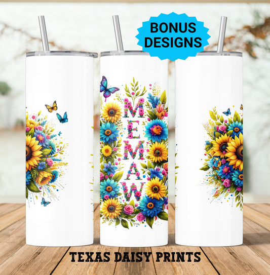 MeMaw 20 oz Skinny Tumbler sublimation design, Flowers butterfly Watercolor floral digital PNG Straight tumbler wrap download