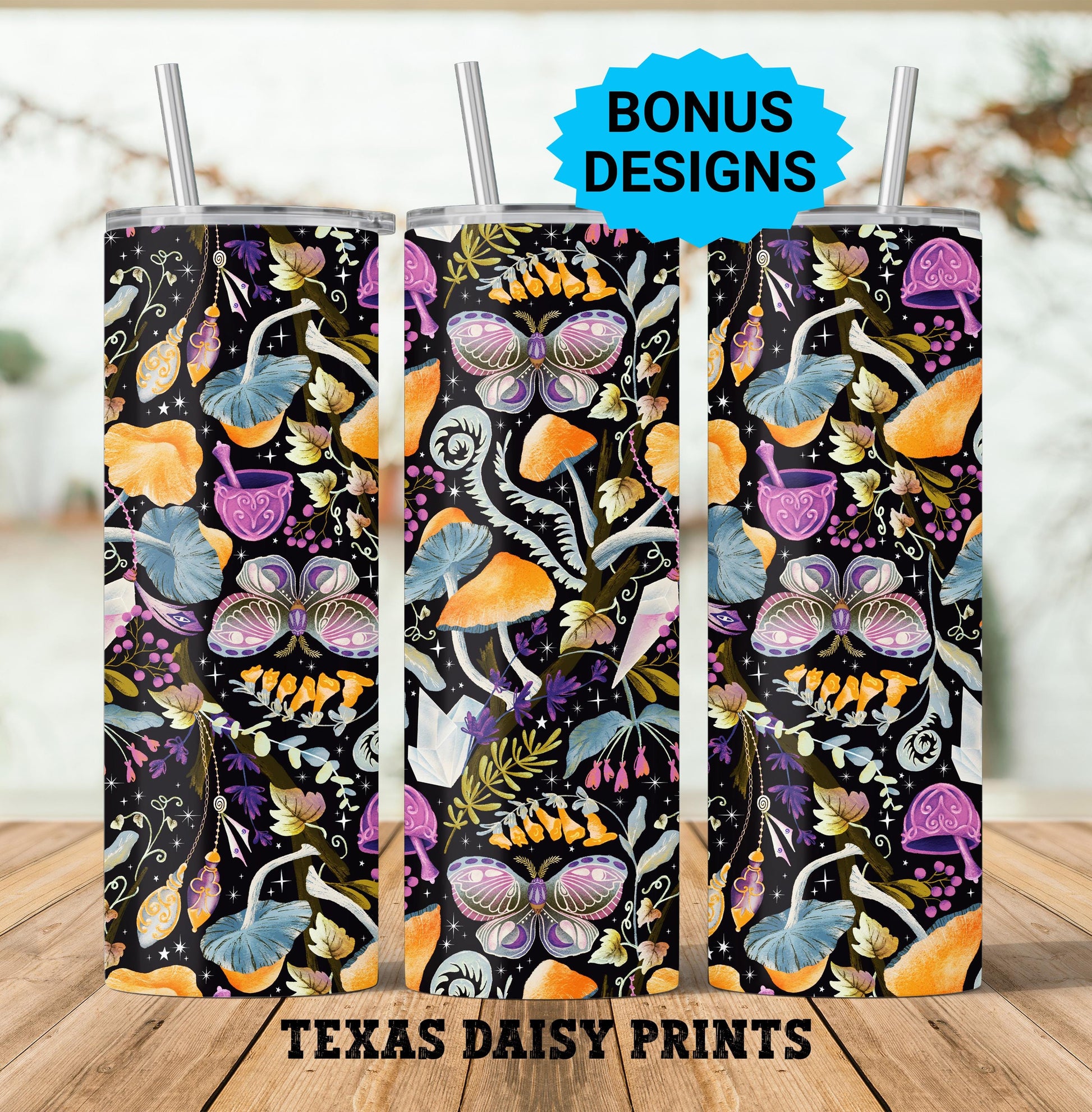 Mushroom Butterflies Witches Garden 20oz Skinny Tumbler Seamless Sublimation Design Templates,Straight PNG Digital Download