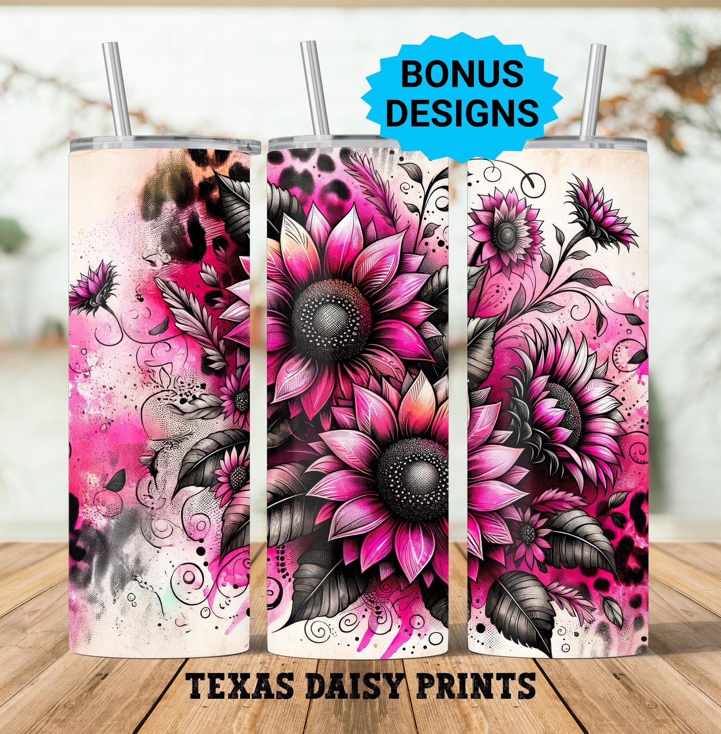 Pink and Black Sunflowers with Leopard Print 20oz Skinny Tumbler Sublimation Design PNG With Bonus Download