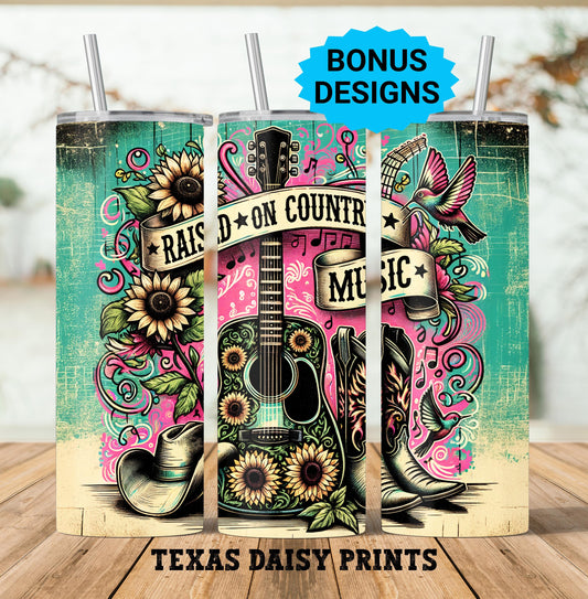 Raised On Country Music Tumbler Wrap, Western 20 oz Tumbler Wrap, Rustic Cowgirl Png 20oz Skinny Tumbler Png, Farmer Digital Download PNG