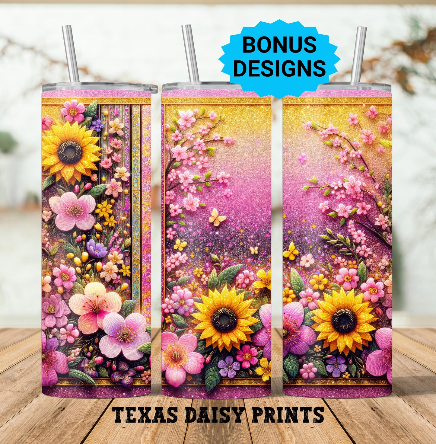 Spring Floral Daisy Tumbler Wrap, Glitter 20oz Skinny Floral Tumbler PNG Spring Flowers Sublimation Designs, Flower Digital Download