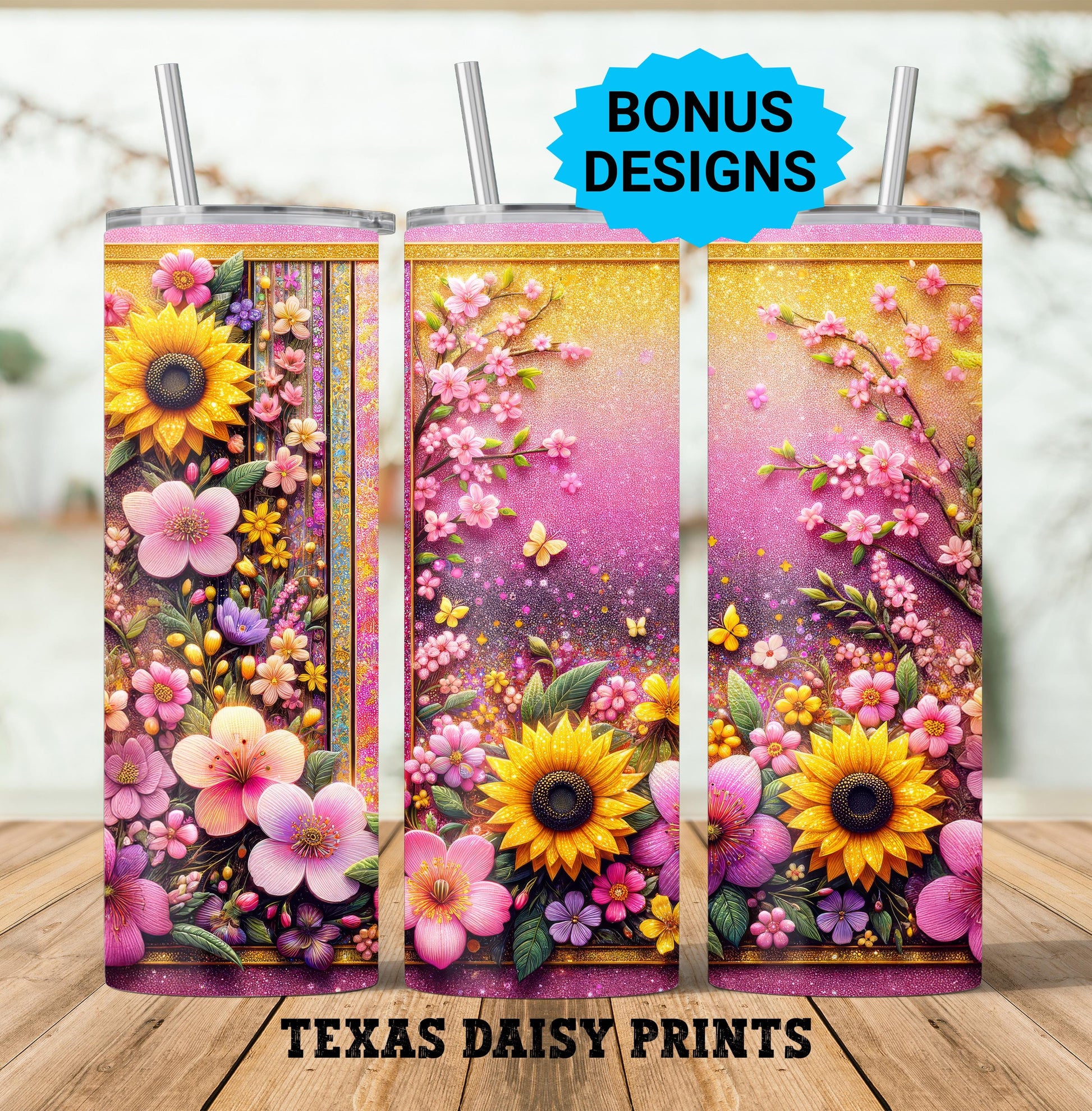 Spring Floral Daisy Tumbler Wrap, Glitter 20oz Skinny Floral Tumbler PNG Spring Flowers Sublimation Designs, Flower Digital Download