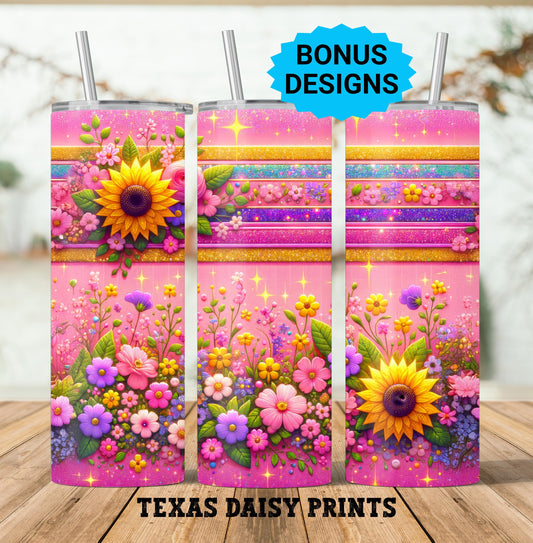 Spring Floral Daisy Tumbler Wrap, Glitter 20oz Skinny Floral Tumbler PNG Spring Flowers Sublimation Designs, Flower Digital Download