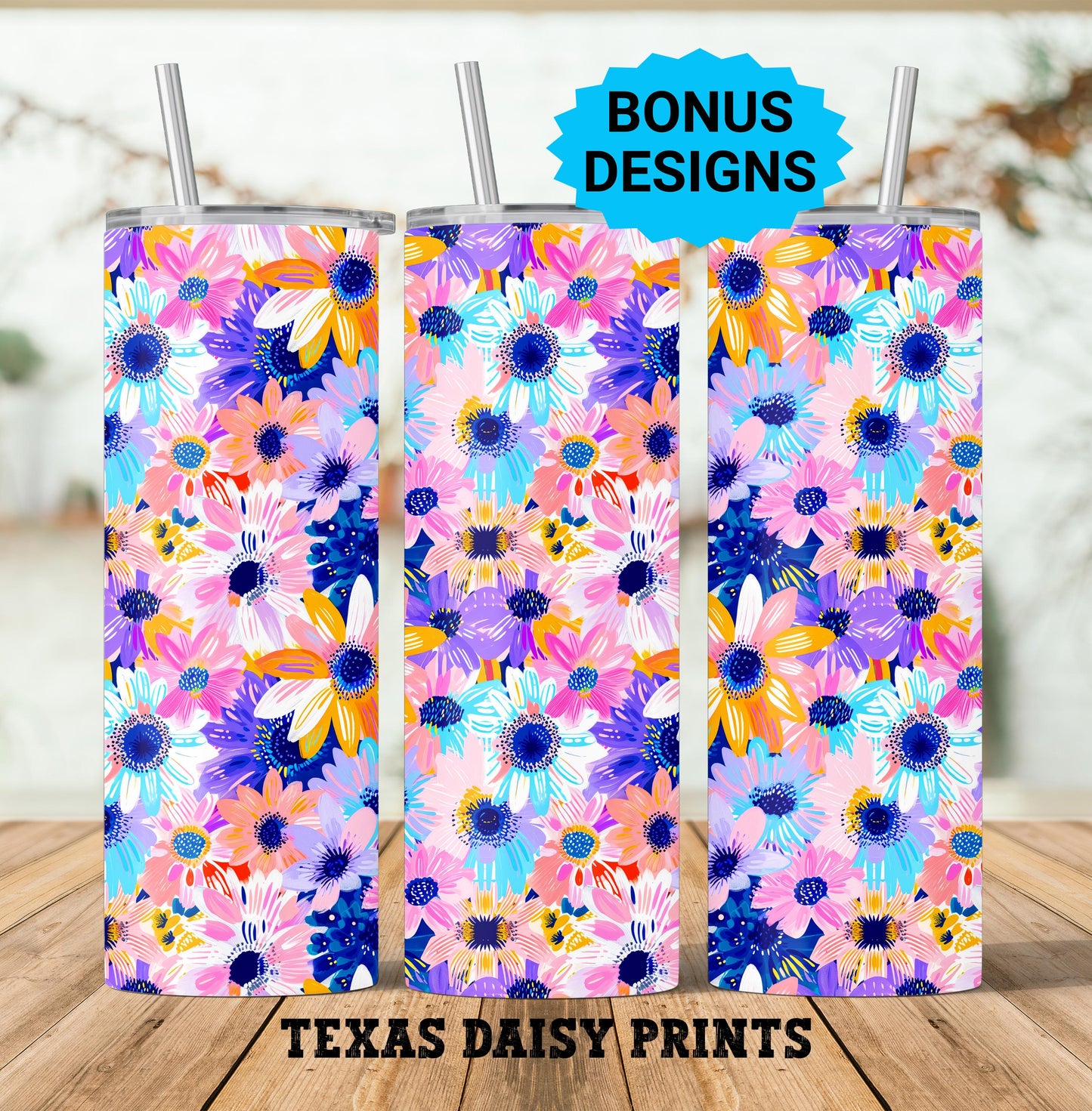 Spring Flower 20oz Tumbler Wrap Watercolor Large Colorful Daisies Sublimation Design Templates,Straight PNG Digital Download