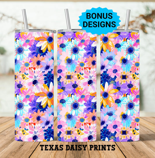 Spring Flower 20oz Tumbler Wrap Watercolor Large Colorful Daisies Sublimation Design Templates,Straight PNG Digital Download