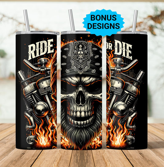 Ride or Die Skull Tumbler Wrap, 20oz Skinny Tumbler Png, Seamless, Ride or Die Skull , Straight Tumbler Wrap