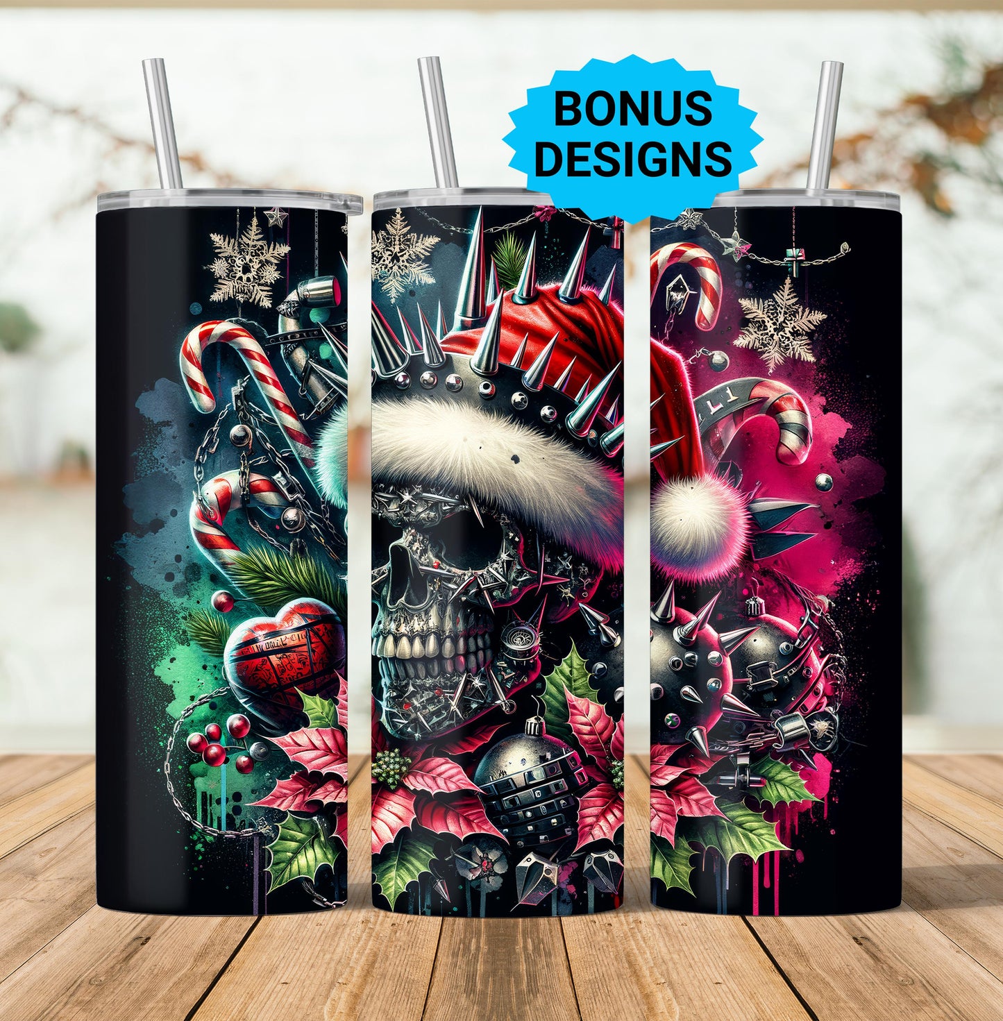 Naughty Santa Skull Tumbler Wrap, 20oz Skinny Tumbler Png, Seamless, Dead But Festive , Straight Tumbler Wrap