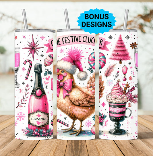 One Festive Clucker Chickens Tumbler Wrap, 20oz Skinny Sublimation Tumbler Design, Farm Christmas, Chicken Lover 20 oz Seamless Tumbler