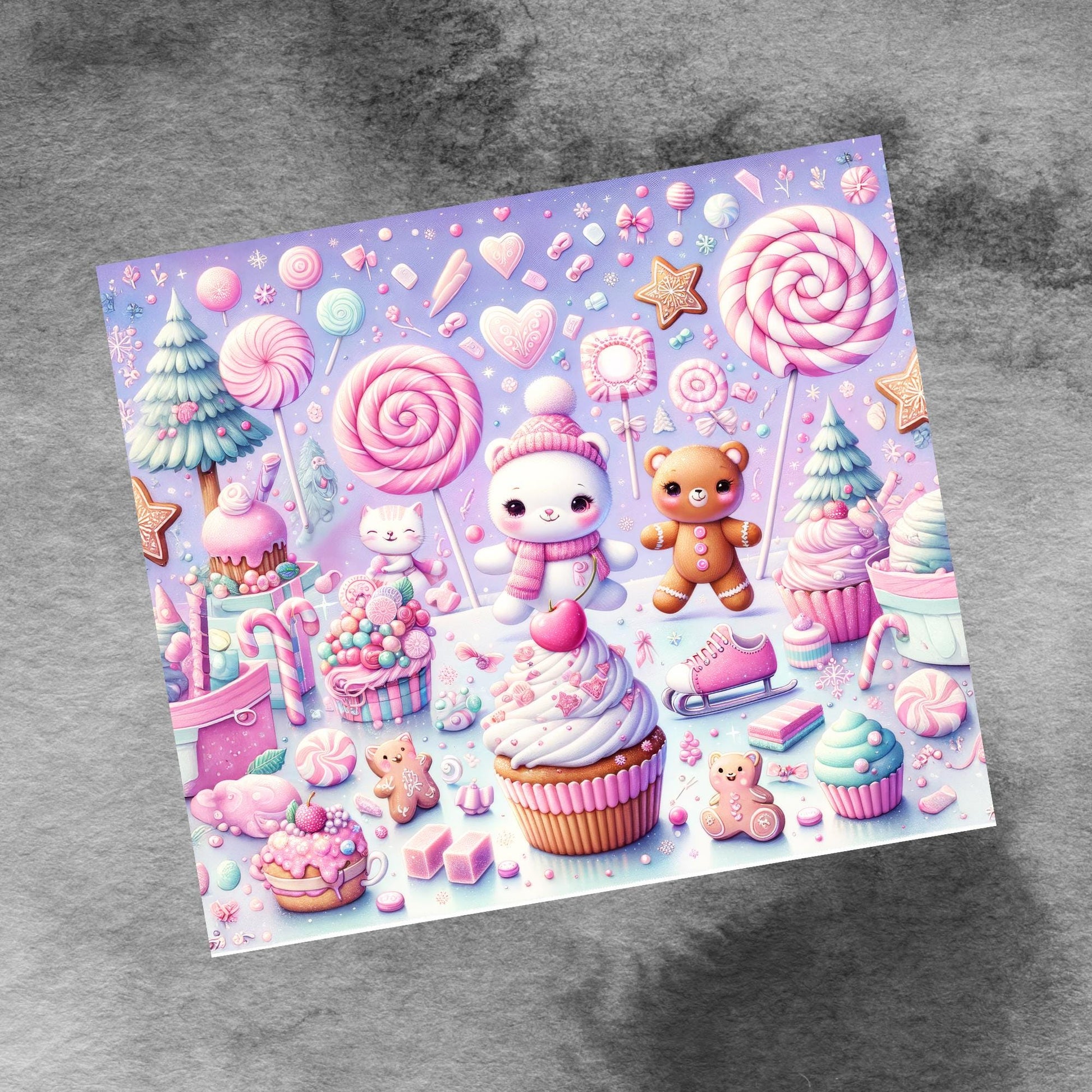 Cute Kawaii Christmas 20oz Skinny Tumbler Sublimation Templates, Bear Cats Sweet Cute Seamless Straight PNG Digital Download